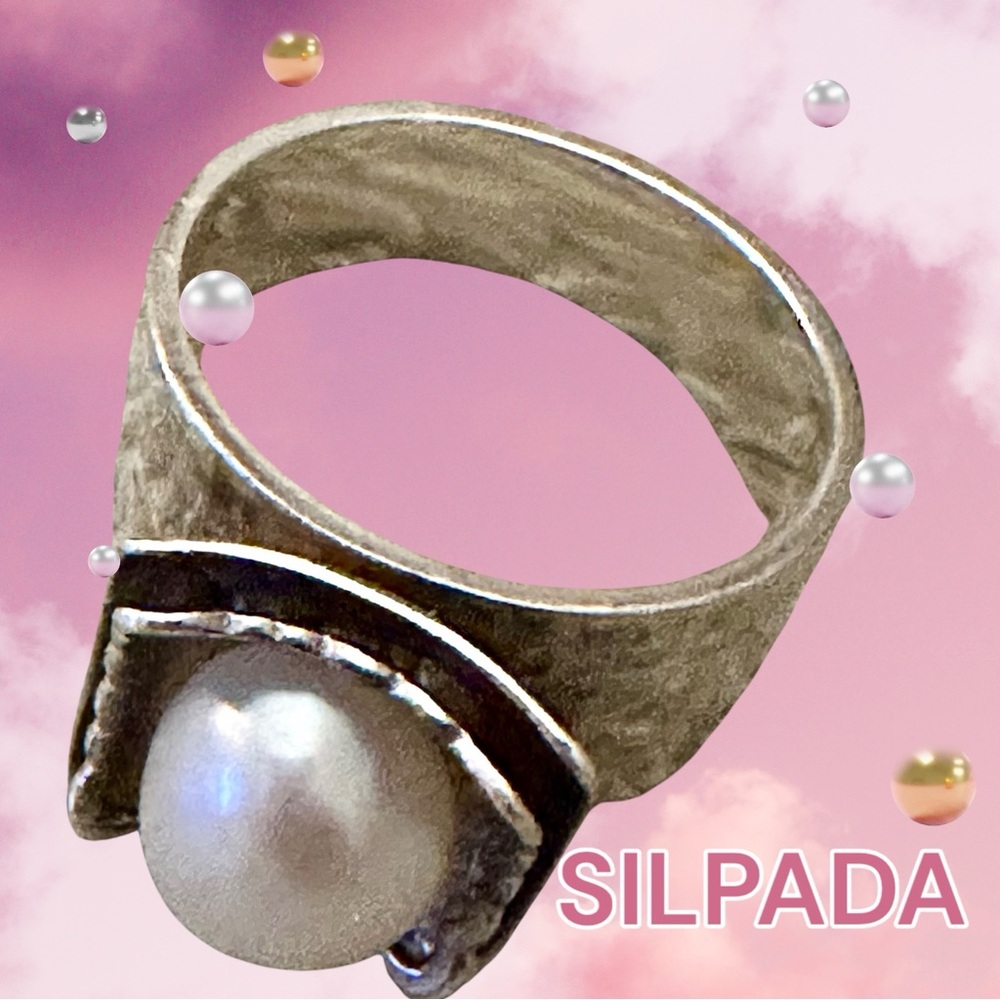 SILPADA Sterling Silver Pearl Ring R0898 | Hammered Wide Band Size 7 Gift Box - Picture 2 of 11